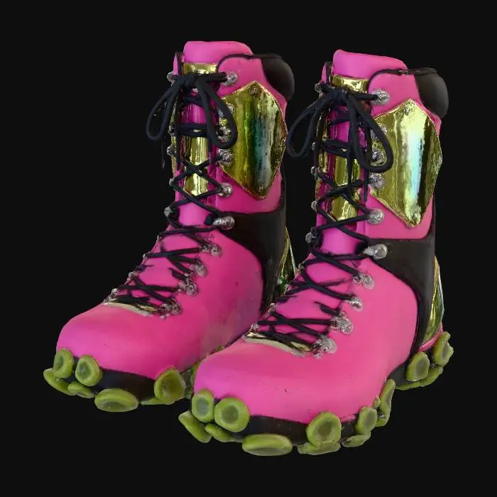 3D model for A pair of **utility boots** with soles designed as segmented, adhesive fungal pads. The upper is made of a durable, matte plastic in hot pink, with rigid, glossy iridescent plastic plating on the shins in lime green. The flexible rubberized ankle support offers excellent mobility, while brushed metallic eyelets and toggles secure the fit.