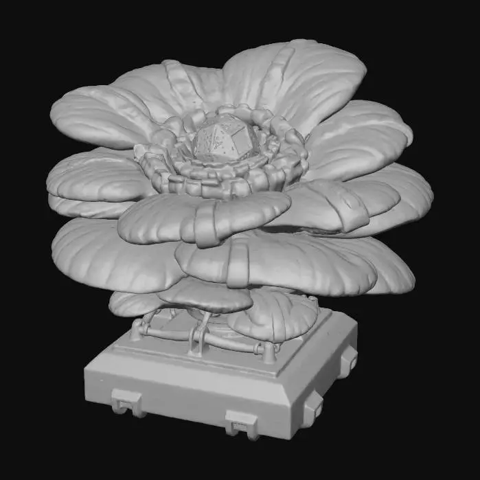 3D model for A **deployable turret** disguised as a sturdy, multi-layered parasitic mushroom cluster. Its core structure is a heavy, sandblasted metallic base in deep grey. The protective outer shell is rigid, glossy iridescent plastic in electric green, segmented by flexible rubberized panels. The weapon emitter is a central glowing crystal, powered by visible translucent gel tubes.