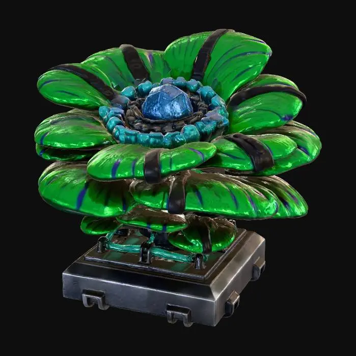 3D model for A **deployable turret** disguised as a sturdy, multi-layered parasitic mushroom cluster. Its core structure is a heavy, sandblasted metallic base in deep grey. The protective outer shell is rigid, glossy iridescent plastic in electric green, segmented by flexible rubberized panels. The weapon emitter is a central glowing crystal, powered by visible translucent gel tubes.