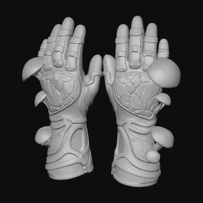 3D model for **Armored gloves** with a core high-saturation magenta and purple base, featuring parasitic mushroom-like plating over the knuckles and forearm. These plates are crafted from a rigid, glossy plastic with an iridescent sheen, interconnected by flexible, rubberized segments and accented with brushed metallic trim.