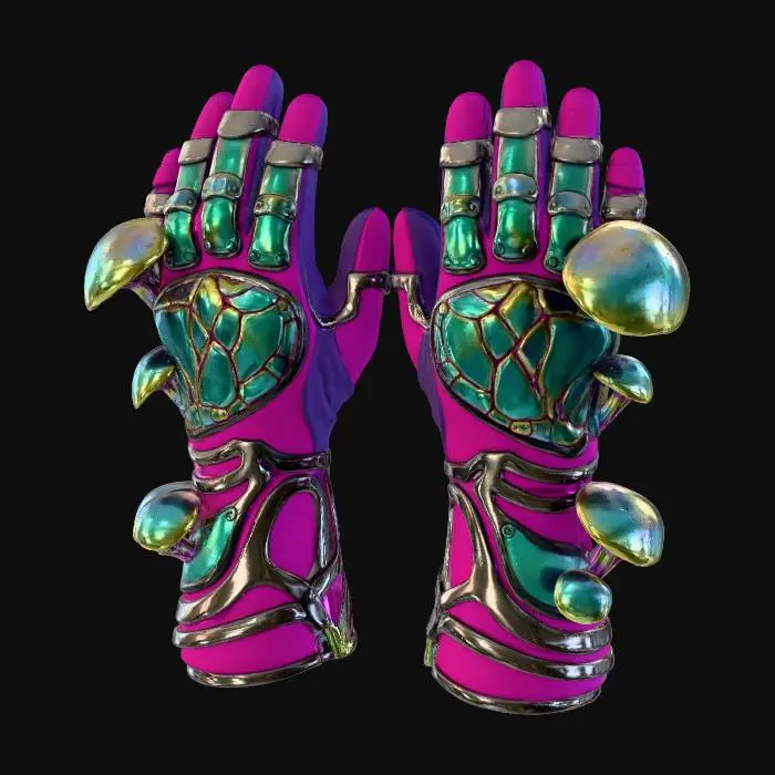 3D model for **Armored gloves** with a core high-saturation magenta and purple base, featuring parasitic mushroom-like plating over the knuckles and forearm. These plates are crafted from a rigid, glossy plastic with an iridescent sheen, interconnected by flexible, rubberized segments and accented with brushed metallic trim.