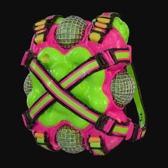 3D model for A utility pack designed as a parasitic mushroom cluster, ready for a Splatoon character. It features multiple interconnected, high-saturation plastic capsules in lime green and hot pink, some with shiny metallic grates and others with a smooth, almost squishy texture, all fastened with robust, color-blocked nylon straps.