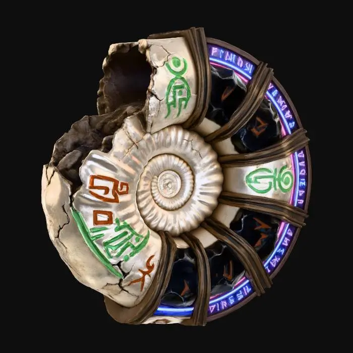 3D model for A **ceremonial energy shield**, its base a polished, **bone-white fossilized shell**, reinforced with **heavy, dark obsidian plating**. **Desaturated fuchsia and electric blue energy runes** glow along its edge, flaring when active. **Faded emerald and burnt orange tribal symbols** are etched into its surface, making it both a historical artifact and an active energy deflector. This **Wabi-sabi Cyberpunk shield** provides powerful protection, blending tradition and future tech.