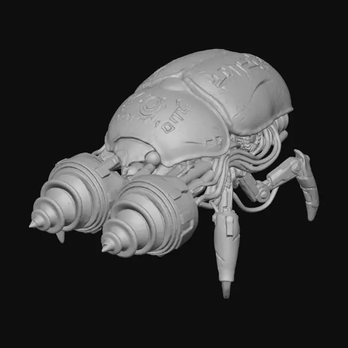3D model for A **personal subterranean drill**, shaped like a massive **bone-white beetle**, its iridescent **chitin-like shell** scarred and marked with **faded emerald tribal patterns**. **Heavy-duty chrome drill bits** made of **dark obsidian** spin with **desaturated fuchsia energy** at its front, while **burnt orange and teal hydraulic lines** are exposed along its articulated segments. This **Wabi-sabi Cyberpunk vehicle** is a beast of the underworld, blending natural form with brutal industrial might.