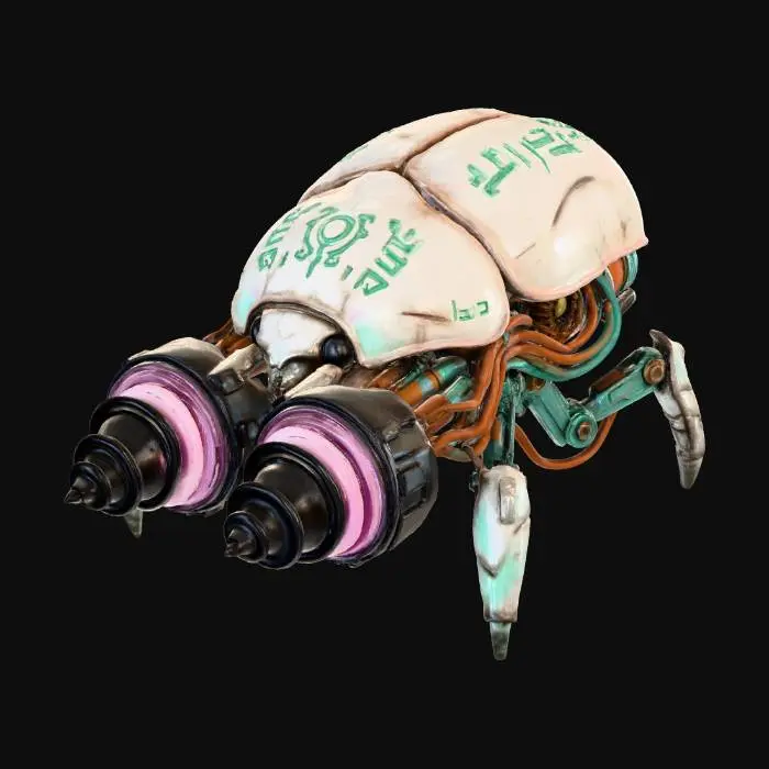 3D model for A **personal subterranean drill**, shaped like a massive **bone-white beetle**, its iridescent **chitin-like shell** scarred and marked with **faded emerald tribal patterns**. **Heavy-duty chrome drill bits** made of **dark obsidian** spin with **desaturated fuchsia energy** at its front, while **burnt orange and teal hydraulic lines** are exposed along its articulated segments. This **Wabi-sabi Cyberpunk vehicle** is a beast of the underworld, blending natural form with brutal industrial might.