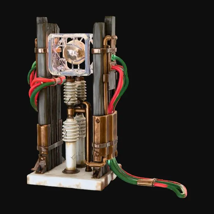 3D model for A **modular power conduit relay**, a freestanding totem of **weathered dark wood** and **heavy, salvaged bronze**. **Bone-colored ceramic insulators** rise from its base, leading to a central **glowing, desaturated amber plasma orb** encased in an open-work **iridescent synthetic cage**. **Faded crimson and deep olive energy transfer lines** snake organically around its form, pulsing faintly. This **Wabi-sabi Cyberpunk installation** is a vital, spiritual nexus of energy.