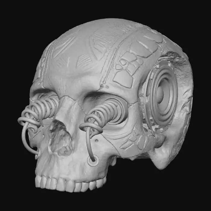 3D model for A **portable sonic lure**, designed as a **hollowed petrified skull**, integrated with **heavy, dark steel speakers** that resonate with a **low, desaturated cosmic violet hum**. **Glowing electric blue and faded neon orange soundwave emitters** protrude from its eye sockets, attracting unseen entities. Its surface is adorned with **etched copper tribal markings** and **bone-colored ceramic inlays**. This **Wabi-sabi Cyberpunk artifact** is a primitive-looking yet highly advanced tool for communication or deception.