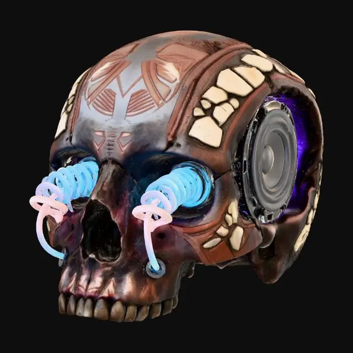 3D model for A **portable sonic lure**, designed as a **hollowed petrified skull**, integrated with **heavy, dark steel speakers** that resonate with a **low, desaturated cosmic violet hum**. **Glowing electric blue and faded neon orange soundwave emitters** protrude from its eye sockets, attracting unseen entities. Its surface is adorned with **etched copper tribal markings** and **bone-colored ceramic inlays**. This **Wabi-sabi Cyberpunk artifact** is a primitive-looking yet highly advanced tool for communication or deception.