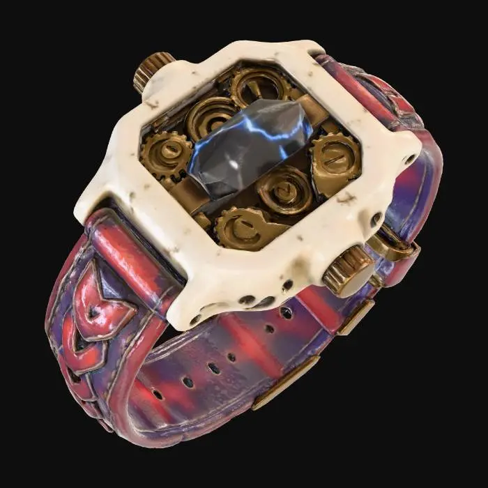 3D model for A **personal chrono-regulator**, a wrist-mounted piece with a base of **weathered, bone-colored ceramic**. A **dark obsidian time-crystal** at its center flickers with **desaturated electric blue and burnt orange light**, projecting faint temporal distortions. **Heavy, dark bronze gears** are partially exposed, meshing with **fine, iridescent synth-leather straps** in **faded crimson and deep indigo**. This **Wabi-sabi Cyberpunk device** merges ancient materials with profound temporal tech, a worn artifact of a fluid timeline.