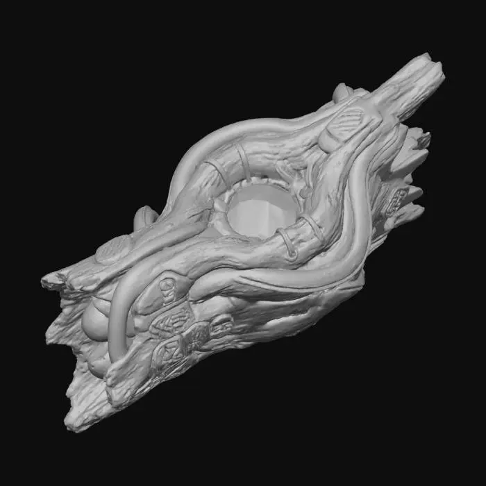 3D model for An **intricate bio-data harvester**, designed as a handheld **driftwood-like chassis** infused with **gleaming, dark ferrofluid channels** that flow in mesmerizing patterns. A central lens, crafted from **desaturated electric blue volcanic glass**, focuses energy, while **faded magenta and toxic green bioluminescent tendrils** gently pulse around its edges. Its surface is adorned with **intricate laser-etched tribal symbols** on **bone-colored ceramic inlays**. This **Wabi-sabi Cyberpunk tool** is a tactile blend of raw nature and sentient tech, vividly collecting unseen life.