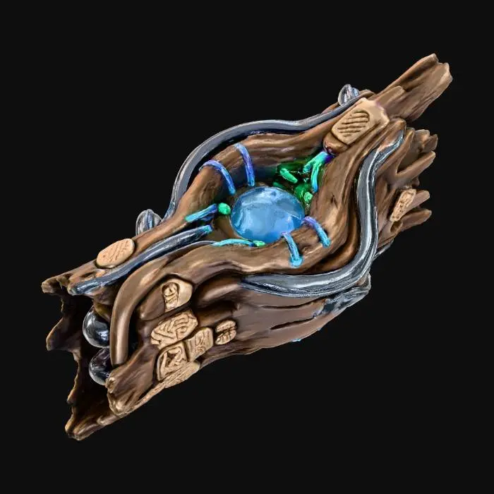 3D model for An **intricate bio-data harvester**, designed as a handheld **driftwood-like chassis** infused with **gleaming, dark ferrofluid channels** that flow in mesmerizing patterns. A central lens, crafted from **desaturated electric blue volcanic glass**, focuses energy, while **faded magenta and toxic green bioluminescent tendrils** gently pulse around its edges. Its surface is adorned with **intricate laser-etched tribal symbols** on **bone-colored ceramic inlays**. This **Wabi-sabi Cyberpunk tool** is a tactile blend of raw nature and sentient tech, vividly collecting unseen life.