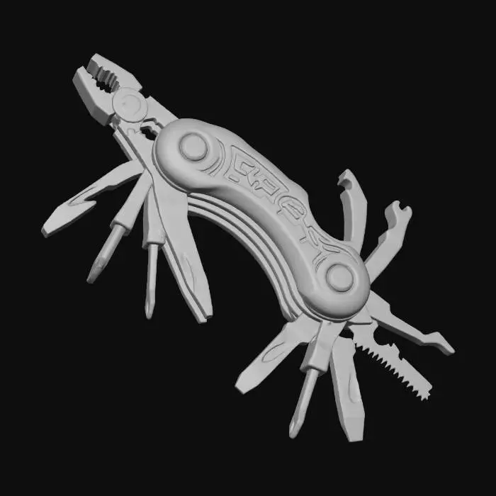 3D model for A **field repair multi-tool**, featuring a **bone-colored composite handle** that ergonomically molds to the hand, with **dark iron extendable implements** that unfold like insect limbs. **Desaturated amber and teal accents** mark different functions. Its worn surface and **tribal etchings** speak of constant use, embodying a **Wabi-sabi Cyberpunk spirit** of resilience, resourcefulness, and practical wisdom.