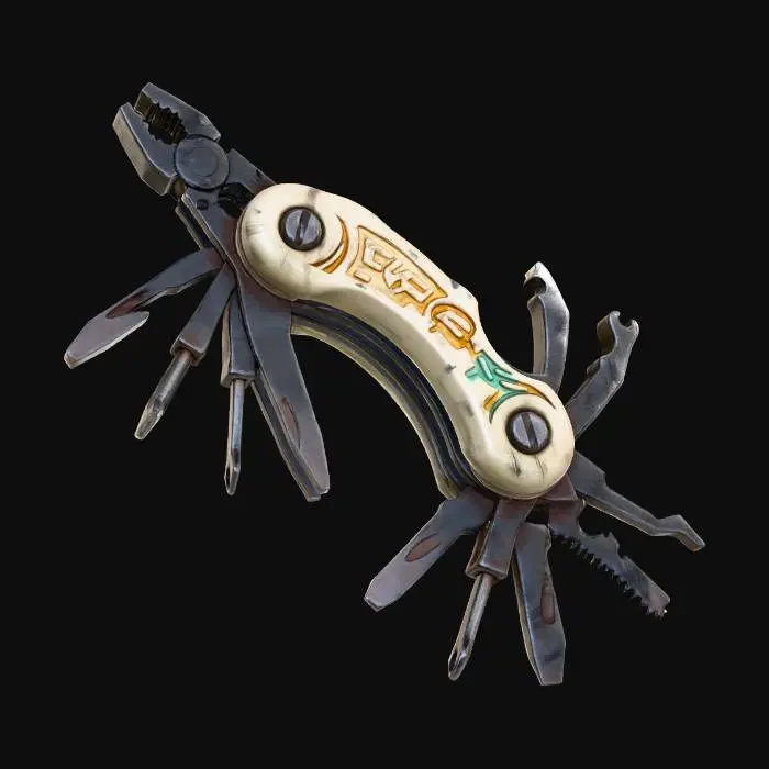 3D model for A **field repair multi-tool**, featuring a **bone-colored composite handle** that ergonomically molds to the hand, with **dark iron extendable implements** that unfold like insect limbs. **Desaturated amber and teal accents** mark different functions. Its worn surface and **tribal etchings** speak of constant use, embodying a **Wabi-sabi Cyberpunk spirit** of resilience, resourcefulness, and practical wisdom.