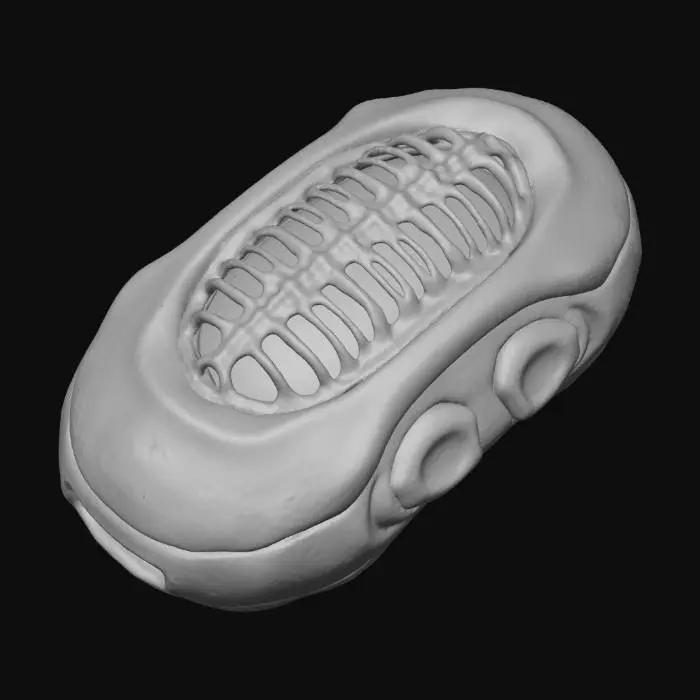 3D model for A **personal communication beacon**, a small, **bone-colored organic-shaped device** designed to be held. It features a **dark bronze base** and a **desaturated cyan pulsing light** that emerges from a **skeletal grille**. **Faded terracotta activation buttons** are tactile and worn. This **Wabi-sabi Cyberpunk item** represents a fragile hope for connection, an imperfect yet essential link in a vast, desolate world.