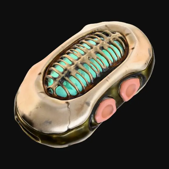 3D model for A **personal communication beacon**, a small, **bone-colored organic-shaped device** designed to be held. It features a **dark bronze base** and a **desaturated cyan pulsing light** that emerges from a **skeletal grille**. **Faded terracotta activation buttons** are tactile and worn. This **Wabi-sabi Cyberpunk item** represents a fragile hope for connection, an imperfect yet essential link in a vast, desolate world.