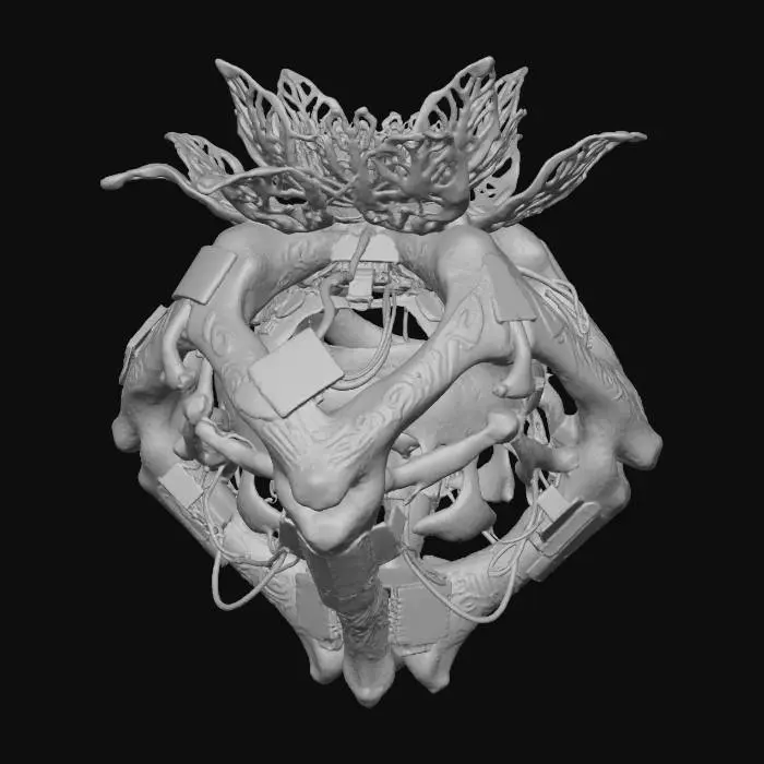 3D model for A **ritualistic incense burner**, designed as a **bone-colored, skeletal structure** of interwoven composite and **dark bronze filigree**, mimicking a dried floral form. **Desaturated amber smoke** curls from its apex, accented by **faded olive and muted aubergine carvings**. This **Wabi-sabi Cyberpunk object** blends ancient spiritual practice with salvaged tech, a powerful symbol of enduring faith and a rich, low-saturation palette.