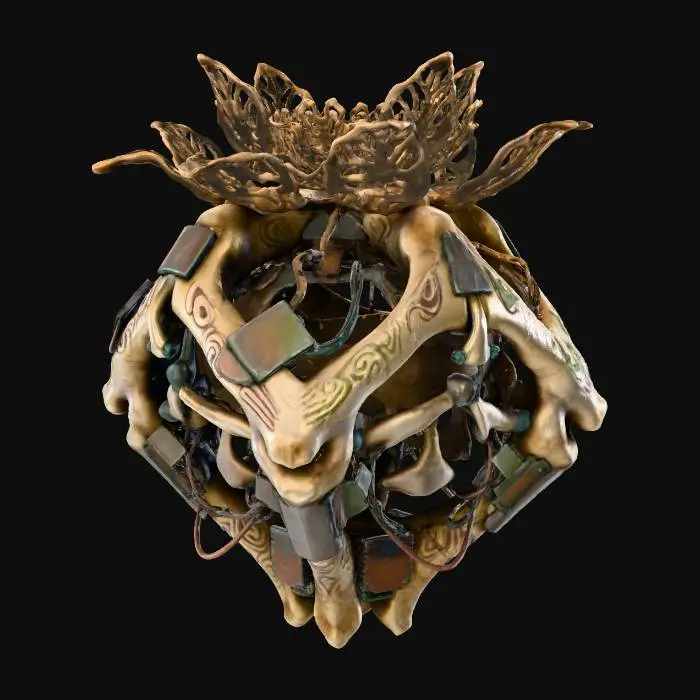 3D model for A **ritualistic incense burner**, designed as a **bone-colored, skeletal structure** of interwoven composite and **dark bronze filigree**, mimicking a dried floral form. **Desaturated amber smoke** curls from its apex, accented by **faded olive and muted aubergine carvings**. This **Wabi-sabi Cyberpunk object** blends ancient spiritual practice with salvaged tech, a powerful symbol of enduring faith and a rich, low-saturation palette.