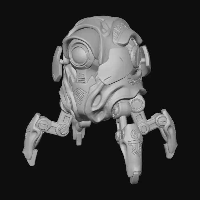 3D model for A small, **ground-based automated sentry**, its body a **bone-colored, carapace-like shell** with **dark graphite mechanical legs** for mobility. A **desaturated amber optical sensor** glows from its head, flanked by **faded teal defensive plating**. **Tribal patterns** are etched into its worn surface, creating a **Wabi-sabi Cyberpunk guardian** with an organic yet menacing presence and a diverse, low-saturation accent palette.