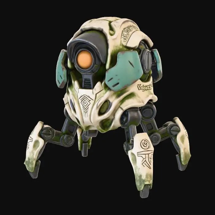 3D model for A small, **ground-based automated sentry**, its body a **bone-colored, carapace-like shell** with **dark graphite mechanical legs** for mobility. A **desaturated amber optical sensor** glows from its head, flanked by **faded teal defensive plating**. **Tribal patterns** are etched into its worn surface, creating a **Wabi-sabi Cyberpunk guardian** with an organic yet menacing presence and a diverse, low-saturation accent palette.