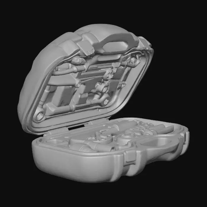 3D model for A **heavy-duty repair toolkit**, presented in a **bone-colored, segmented composite case** that opens like an organic shell. Inside, **dark pewter mechanical tools** are precisely arranged, accented by **desaturated cyan and ochre handles**. The worn case bears **faded tribal symbols** and **rust marks**, representing a **Wabi-sabi Cyberpunk ethos** of constant maintenance and adaptation, with a diverse, low-saturation palette.