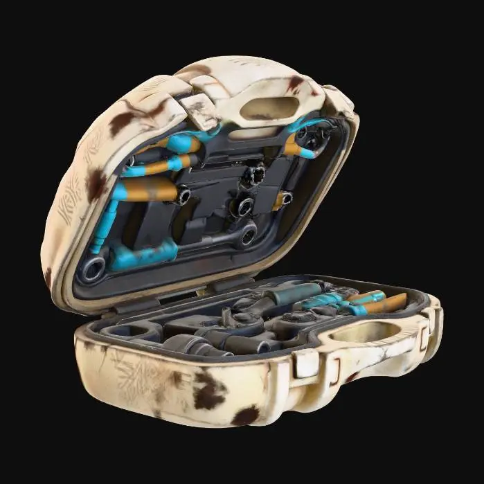 3D model for A **heavy-duty repair toolkit**, presented in a **bone-colored, segmented composite case** that opens like an organic shell. Inside, **dark pewter mechanical tools** are precisely arranged, accented by **desaturated cyan and ochre handles**. The worn case bears **faded tribal symbols** and **rust marks**, representing a **Wabi-sabi Cyberpunk ethos** of constant maintenance and adaptation, with a diverse, low-saturation palette.
