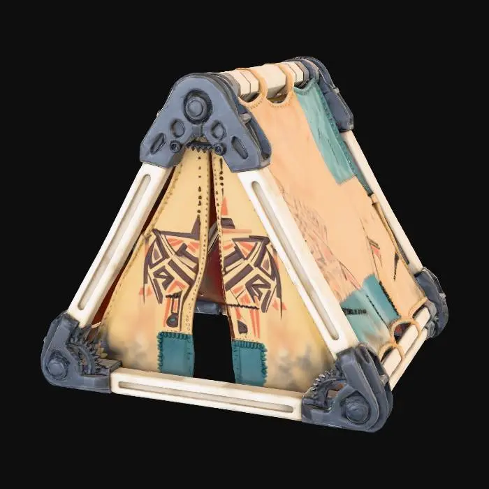 3D model for A **collapsible modular shelter component**, composed of **lightweight bone-colored structural beams** with **dark graphite mechanical joints**. The **faded ochre canvas** panels are reinforced with **desaturated teal patches** and **heavy stitching**, bearing **tribal markings**. This **Wabi-sabi Cyberpunk structure** reflects a resilient, temporary home, blending raw utility with organic, adaptable design and a multi-hued, low-saturation palette.