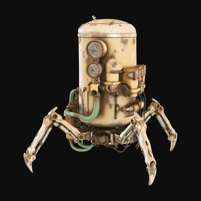 3D model for An **autonomous water purifier**, its main body a **weathered, sand-colored cylinder** with **skeletal, bone-white collection arms** that extend with hydraulic precision. **Dark bronze filters** and **desaturated emerald tubing** are visible, alongside **faded ochre pressure gauges**. This **Wabi-sabi Cyberpunk device** embodies vital, imperfect survival tech with an organic, ritualistic form and a diverse, low-saturation palette.