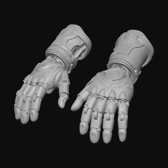 3D model for A pair of intricate prosthetic hands, crafted from dark, articulated metal and bone-colored composite, with exposed wiring and subtle radial joint design. Fingers are tipped with polished gold, and tiny cerise lights glow at the knuckles. These worn yet refined cybernetic limbs blend functional efficiency with a ritualistic appearance and a unique, low-saturation, trend-aware style.