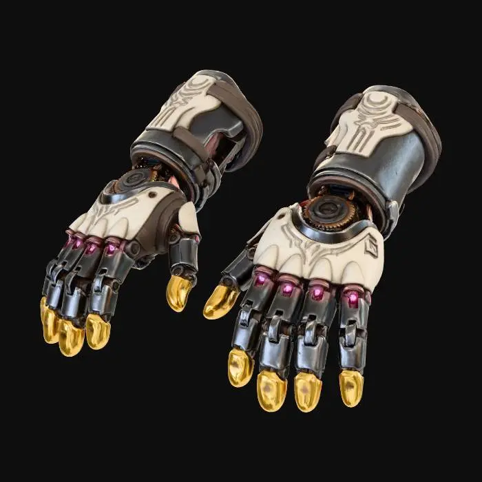 3D model for A pair of intricate prosthetic hands, crafted from dark, articulated metal and bone-colored composite, with exposed wiring and subtle radial joint design. Fingers are tipped with polished gold, and tiny cerise lights glow at the knuckles. These worn yet refined cybernetic limbs blend functional efficiency with a ritualistic appearance and a unique, low-saturation, trend-aware style.