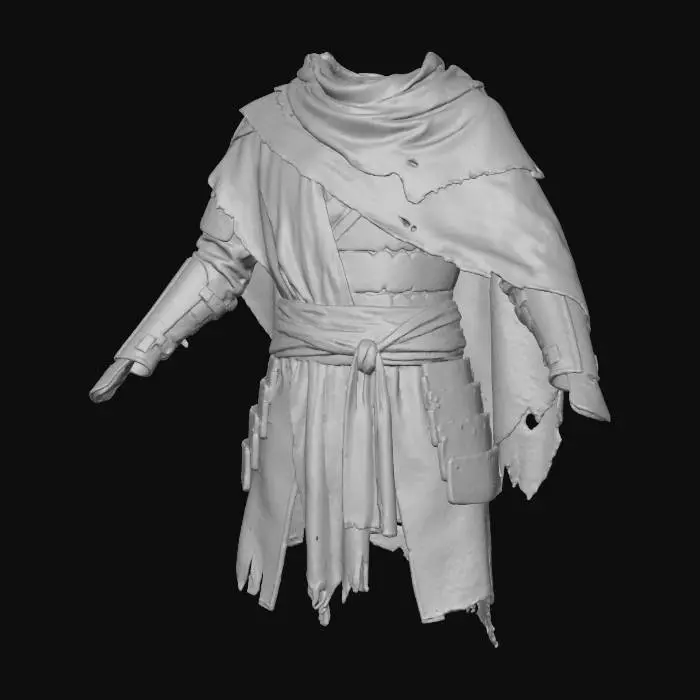 3D model for A layered desert cloak, made from faded olive-drab canvas and ochre-yellow fabric, draped over exposed, articulated dark bronze and rusted terracotta armor segments. A broad, desaturated rose-pink sash cinches the waist. The blend of worn textiles and intricate metallic plates, featuring subtle tribal glyphs, creates a practical yet strikingly ritualistic and fashion-forward ensemble.