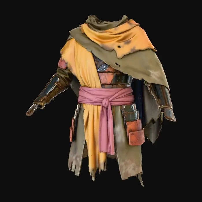 3D model for A layered desert cloak, made from faded olive-drab canvas and ochre-yellow fabric, draped over exposed, articulated dark bronze and rusted terracotta armor segments. A broad, desaturated rose-pink sash cinches the waist. The blend of worn textiles and intricate metallic plates, featuring subtle tribal glyphs, creates a practical yet strikingly ritualistic and fashion-forward ensemble.