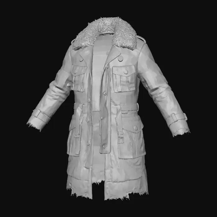 3D model for A weathered, heavy trench coat, made from thick, off-white canvas with frayed edges and patched sections of muted green fabric. Dark, stylized tribal symbols are subtly painted on the back. It features a rugged fur collar and numerous functional pockets, indicating extensive use in harsh environments, combining a utilitarian structure with a unique, survivor aesthetic.