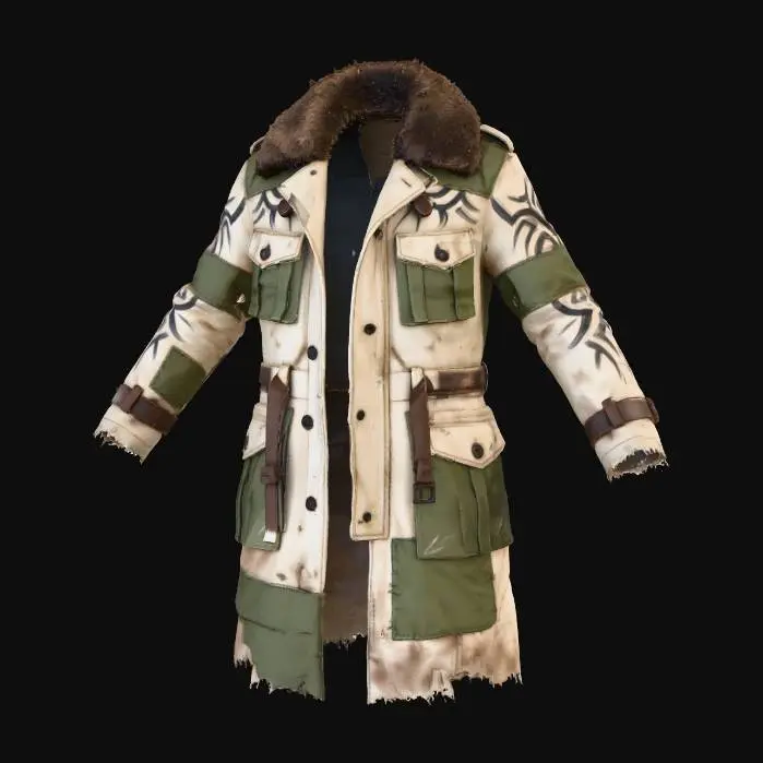 3D model for A weathered, heavy trench coat, made from thick, off-white canvas with frayed edges and patched sections of muted green fabric. Dark, stylized tribal symbols are subtly painted on the back. It features a rugged fur collar and numerous functional pockets, indicating extensive use in harsh environments, combining a utilitarian structure with a unique, survivor aesthetic.