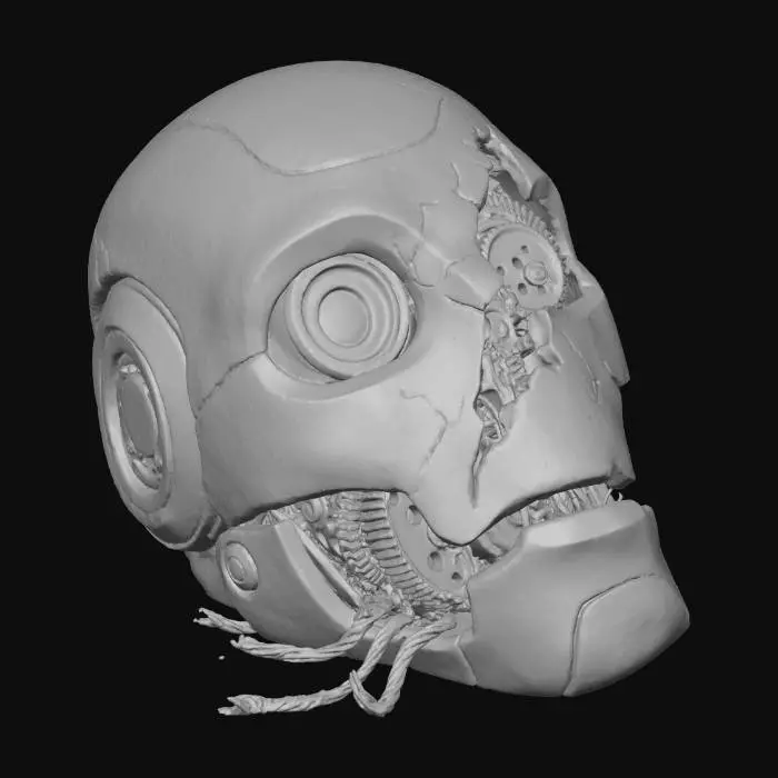 3D model for A derelict automaton or robot head, broken off from its body, lying on the ground. Its primary casing is light grey, cracked composite material, revealing dark internal mechanisms and tangled gold-colored wires. A single, shattered optical sensor emits a dying, intermittent purple glow. Rust, dirt, and severe impact damage cover its surface, portraying a sense of abandonment and past conflict.