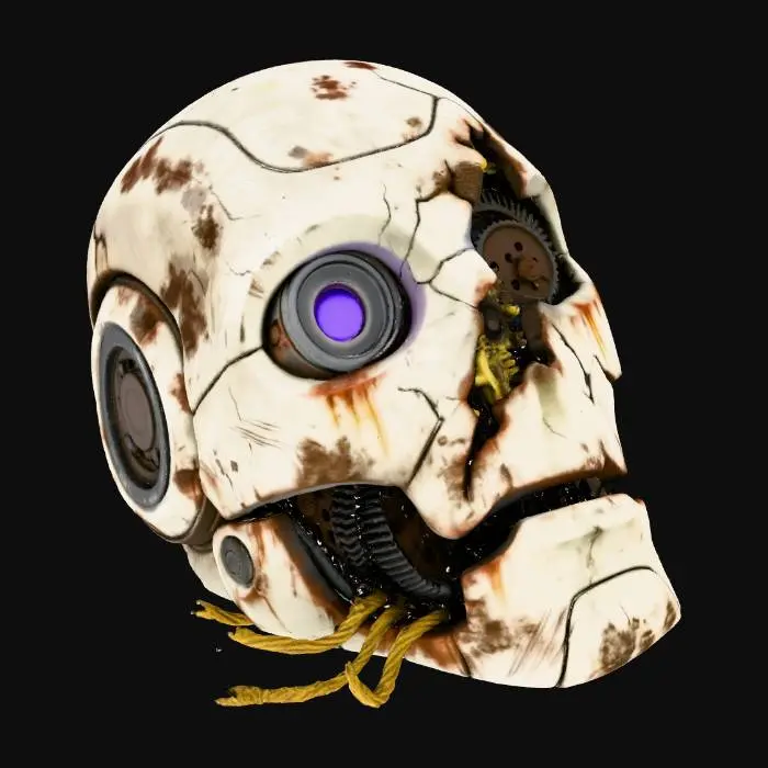 3D model for A derelict automaton or robot head, broken off from its body, lying on the ground. Its primary casing is light grey, cracked composite material, revealing dark internal mechanisms and tangled gold-colored wires. A single, shattered optical sensor emits a dying, intermittent purple glow. Rust, dirt, and severe impact damage cover its surface, portraying a sense of abandonment and past conflict.
