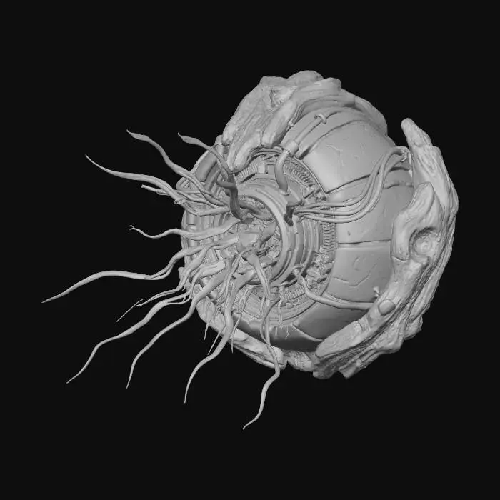 3D model for An **advanced terraforming seed-core**, a spherical device encased in **petrified wood** and **bone-colored ceramic plating**, resembling a giant ancient nut. It pulses with a central **cosmic violet energy core**, emitting **desaturated teal growth tendrils** that seek out barren earth. **Faded crimson power conduits** visibly snake across its surface, revealing intricate internal mechanisms. This **Wabi-sabi Cyberpunk artifact** carries the promise of new life, blending primitive form with profound ecological tech.