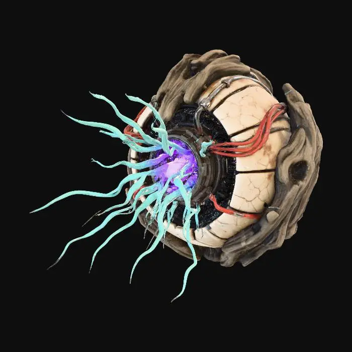 3D model for An **advanced terraforming seed-core**, a spherical device encased in **petrified wood** and **bone-colored ceramic plating**, resembling a giant ancient nut. It pulses with a central **cosmic violet energy core**, emitting **desaturated teal growth tendrils** that seek out barren earth. **Faded crimson power conduits** visibly snake across its surface, revealing intricate internal mechanisms. This **Wabi-sabi Cyberpunk artifact** carries the promise of new life, blending primitive form with profound ecological tech.