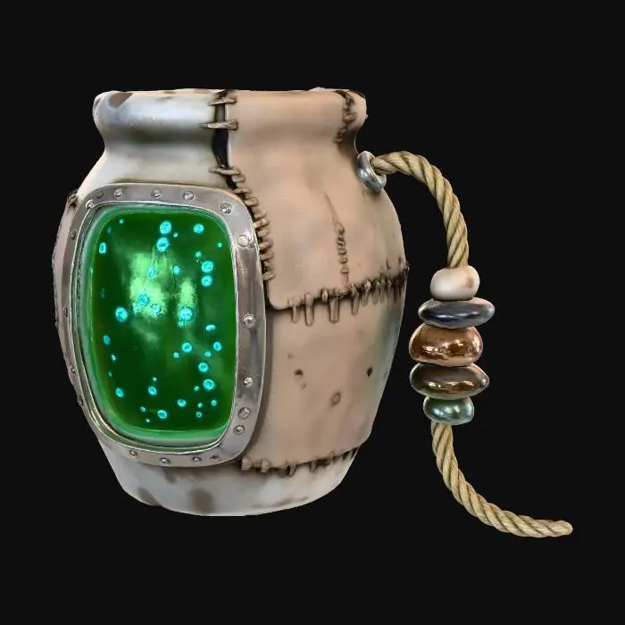3D model for A **portable bio-reactor**, an **uneven, salvaged ceramic pot** in **pale grey**, heavily patched with **light taupe canvas** and **riveted aluminum strips**. It features a **translucent, bubbling green bio-liquid chamber** with **glowing cyan filaments**. A **braided hemp power cable** extends, accented by **small, polished river stones**, a rustic yet vital energy source.