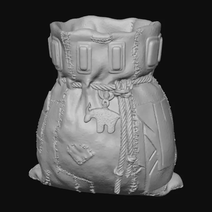 3D model for A **"Christmas Stocking" Utility Pouch**, a large, **patched sand-colored canvas sack** hand-stitched with **bone-white thread** and accented with **recycled plastic** segments. It features discreet, **glowing desaturated fuchsia data ports** near its top opening, framed by **oxidized copper** details. A **dark bronze tribal charm** and **braided deep indigo cords** complete this hopeful, worn vessel. #Christmas2025#