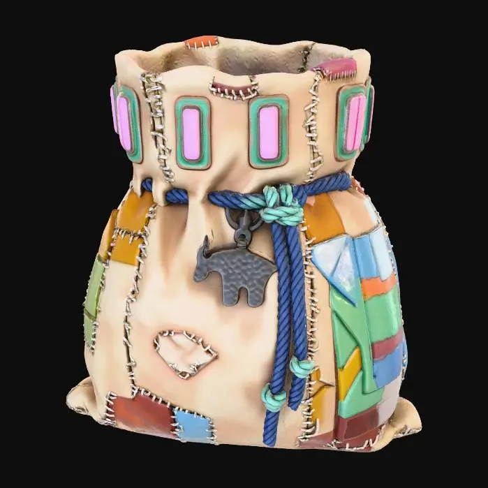 3D model for A **"Christmas Stocking" Utility Pouch**, a large, **patched sand-colored canvas sack** hand-stitched with **bone-white thread** and accented with **recycled plastic** segments. It features discreet, **glowing desaturated fuchsia data ports** near its top opening, framed by **oxidized copper** details. A **dark bronze tribal charm** and **braided deep indigo cords** complete this hopeful, worn vessel. #Christmas2025#