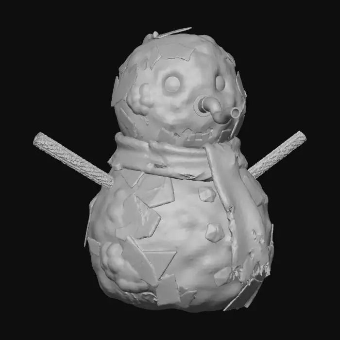 3D model for A **reconstructed snowman beacon**, its **asymmetric body** formed from **piled, khaki recycled plastic fragments** and **light grey synthetic snow**, clearly resembling a lovable snowman. Its eyes glow **warm, desaturated amber**, and its nose is a **twisted, burnt orange pipe**. Arms are **dark carbon fiber branches**, while a **faded rose-pink scarf** conceals a **glowing fuchsia power cell**, a resilient festive guide. #Christmas2025#