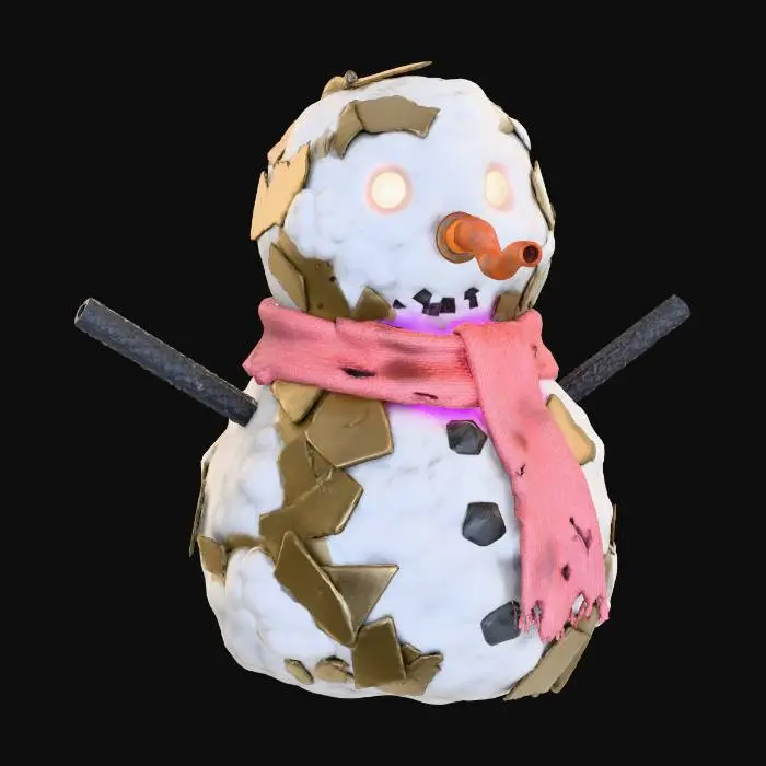 3D model for A **reconstructed snowman beacon**, its **asymmetric body** formed from **piled, khaki recycled plastic fragments** and **light grey synthetic snow**, clearly resembling a lovable snowman. Its eyes glow **warm, desaturated amber**, and its nose is a **twisted, burnt orange pipe**. Arms are **dark carbon fiber branches**, while a **faded rose-pink scarf** conceals a **glowing fuchsia power cell**, a resilient festive guide. #Christmas2025#