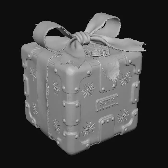 3D model for A **"Gift Box" data archive**, a **weathered, rough khaki canvas cube** reinforced with **dark bronze plating** and **riveted, recycled plastic panels**. A **prominent, desaturated rose-pink synthetic fiber bow** is secured by a **complex, glowing amber digital lock**. Etched **tribal glyphs of snowflakes and stars** cover its surface, a cherished archive of memories, a symbol of enduring hope. #Christmas2025#