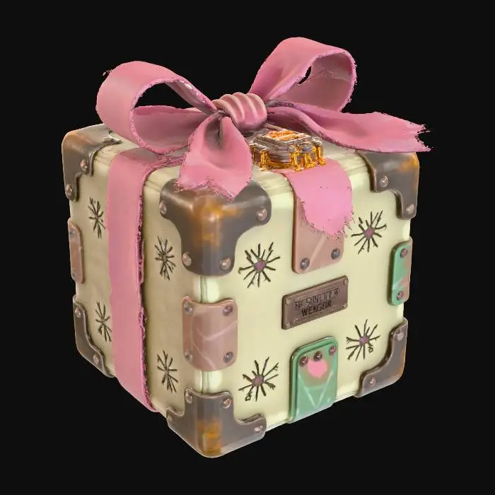 3D model for A **"Gift Box" data archive**, a **weathered, rough khaki canvas cube** reinforced with **dark bronze plating** and **riveted, recycled plastic panels**. A **prominent, desaturated rose-pink synthetic fiber bow** is secured by a **complex, glowing amber digital lock**. Etched **tribal glyphs of snowflakes and stars** cover its surface, a cherished archive of memories, a symbol of enduring hope. #Christmas2025#