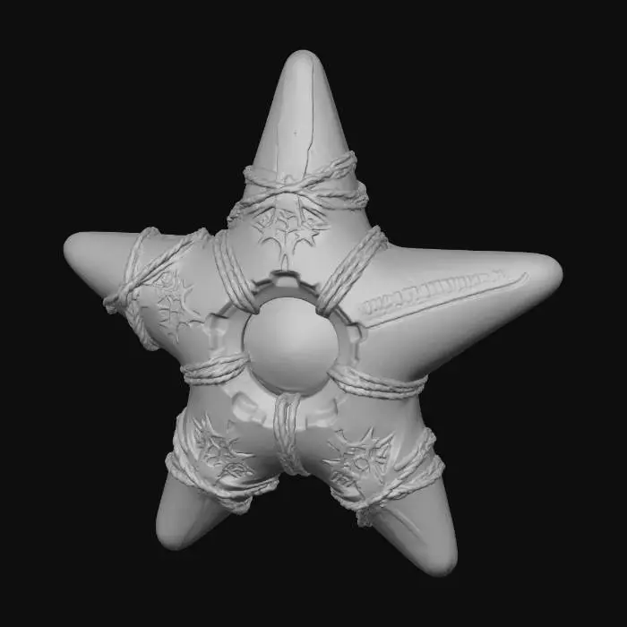 3D model for A **"Guiding Star" Navigation Unit**, a **five-pointed, asymmetric star-shaped device** of **khaki recycled plastic** and **oxidized copper plating**, clearly a prominent Christmas star. Its central core glows with a **pulsating warm, desaturated fuchsia light**, projecting **faint holographic constellations**. Adorned with **prominent, etched tribal star patterns** and **thin, braided bright rose-pink synthetic cords**, a guiding festive light and symbol of hope. #Christmas2025#