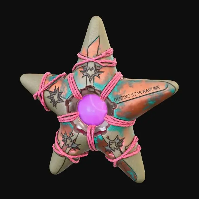 3D model for A **"Guiding Star" Navigation Unit**, a **five-pointed, asymmetric star-shaped device** of **khaki recycled plastic** and **oxidized copper plating**, clearly a prominent Christmas star. Its central core glows with a **pulsating warm, desaturated fuchsia light**, projecting **faint holographic constellations**. Adorned with **prominent, etched tribal star patterns** and **thin, braided bright rose-pink synthetic cords**, a guiding festive light and symbol of hope. #Christmas2025#