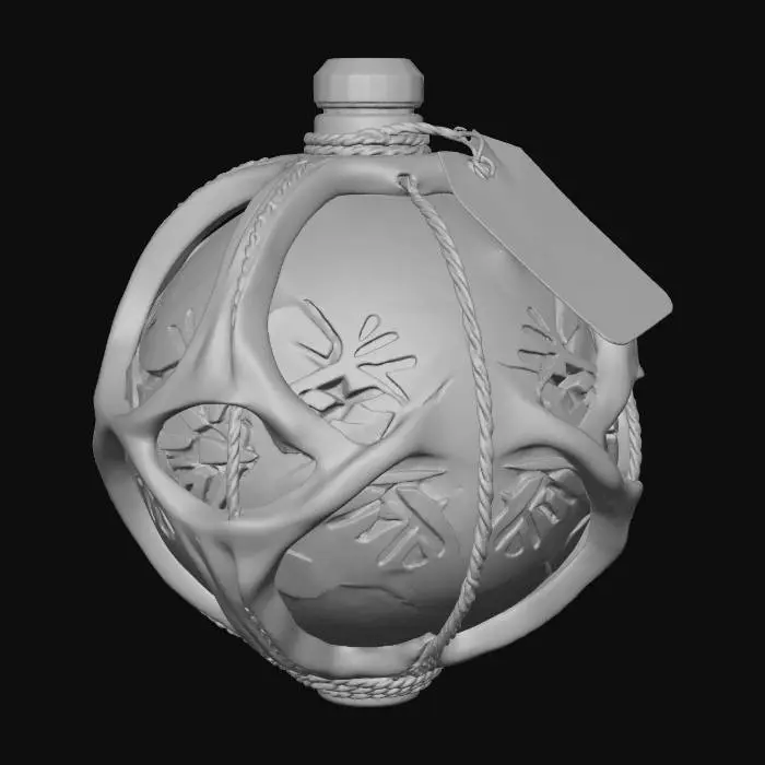 3D model for A **festive "Bauble" grenade**, an **asymmetric, polished pale bone sphere** with **etched tribal snowflake patterns**. It glows with a **soft, pulsating desaturated fuchsia light**, encased in a **delicate, web-like frame** of **darkened brass wires** and **clear bio-resin**. A **small, glowing amber detonator** is visible, a beautiful yet potent festive tool. #Christmas2025#