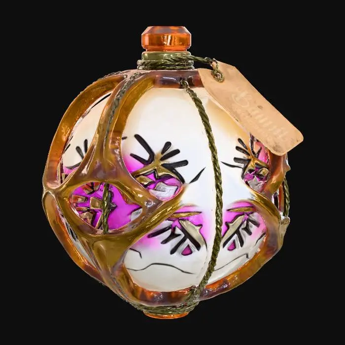 3D model for A **festive "Bauble" grenade**, an **asymmetric, polished pale bone sphere** with **etched tribal snowflake patterns**. It glows with a **soft, pulsating desaturated fuchsia light**, encased in a **delicate, web-like frame** of **darkened brass wires** and **clear bio-resin**. A **small, glowing amber detonator** is visible, a beautiful yet potent festive tool. #Christmas2025#