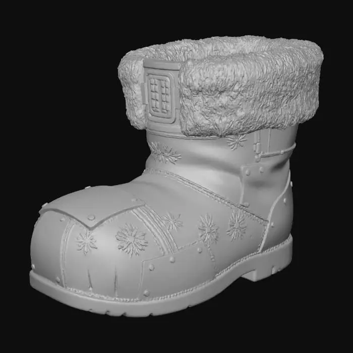 3D model for A **"Santa's Boot" storage unit**, an **asymmetric, worn khaki leather boot**, reinforced with **dark bronze plating** and **riveted, recycled plastic panels**. Its top opening is lined with **faded rose-pink synthetic fur**, concealing a **complex, glowing amber digital lock**. Etched **tribal glyphs of snowflakes** cover its surface, a cherished festive storage. #Christmas2025#