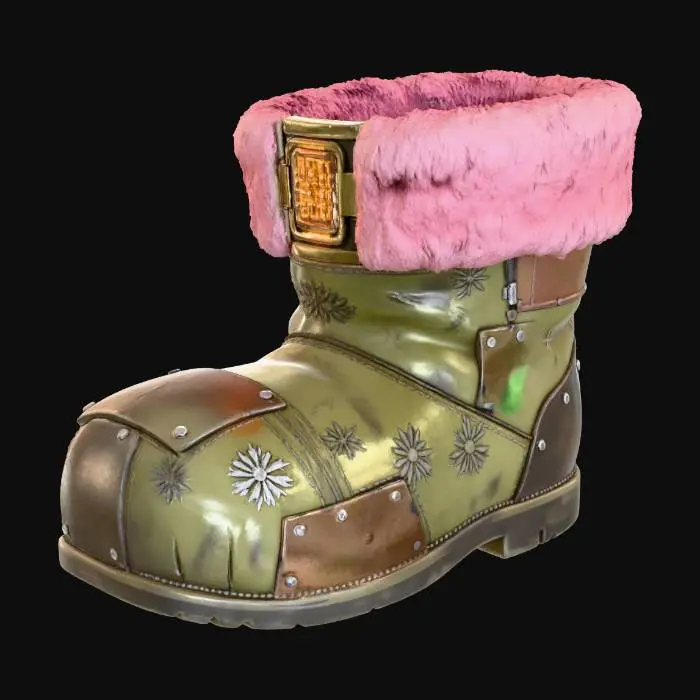 3D model for A **"Santa's Boot" storage unit**, an **asymmetric, worn khaki leather boot**, reinforced with **dark bronze plating** and **riveted, recycled plastic panels**. Its top opening is lined with **faded rose-pink synthetic fur**, concealing a **complex, glowing amber digital lock**. Etched **tribal glyphs of snowflakes** cover its surface, a cherished festive storage. #Christmas2025#